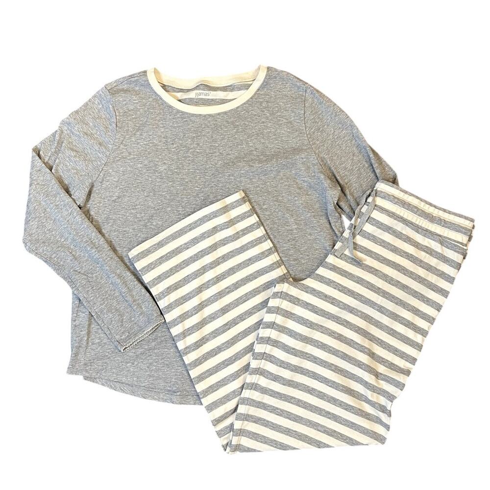 Jijamas Pajama Set Womens Large Petite 100% Pima Cotton Gray Stripe Long Sleeve